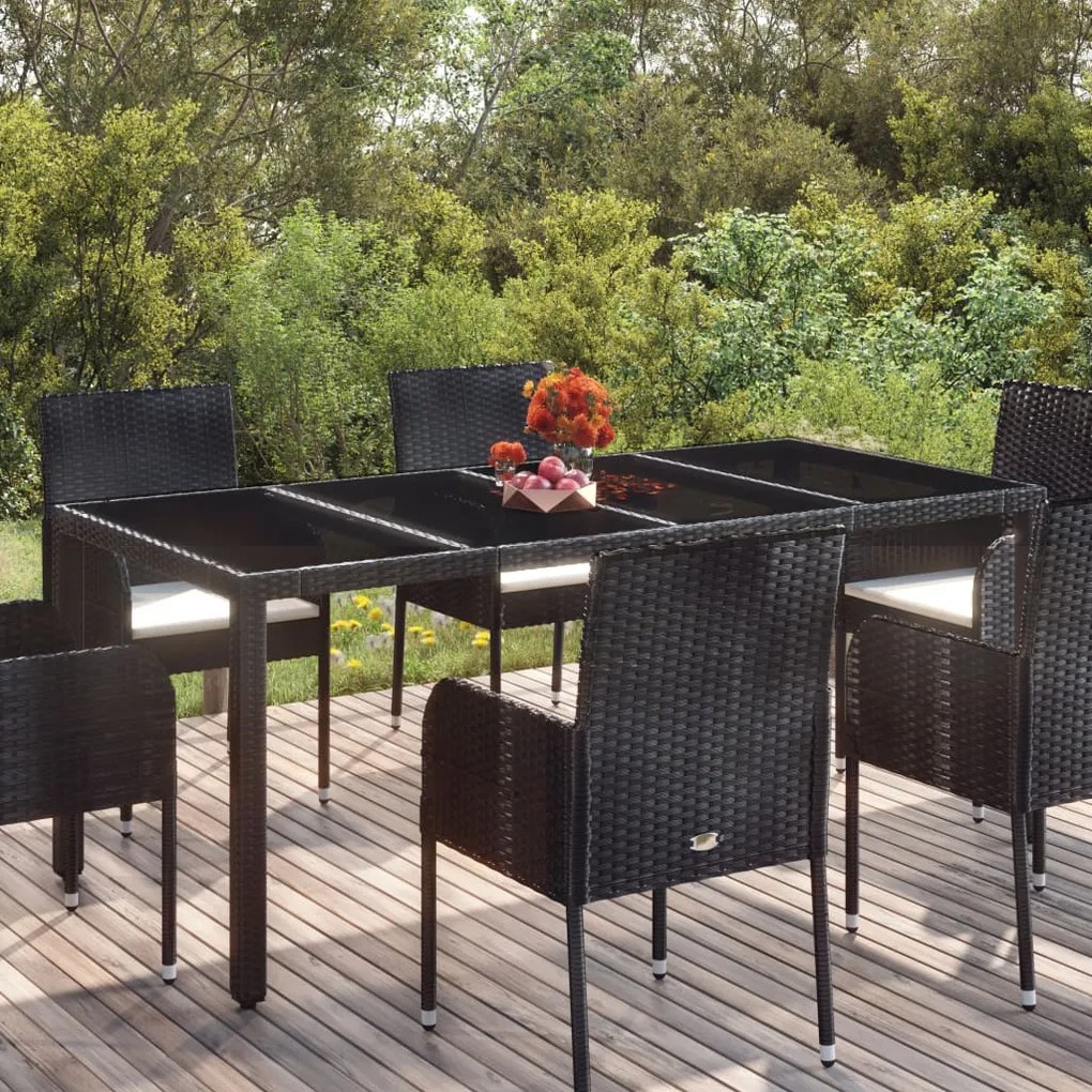 vidaXL fekete polyrattan üveglapos kerti asztal 190 x 90 x 75 cm