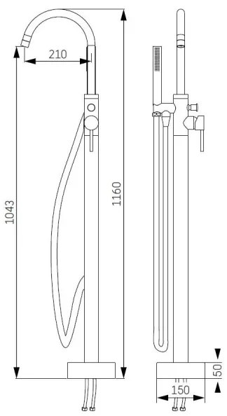 Szabadon álló fürdőkád-szett csapteleppel, 116 cm, sárgaréz