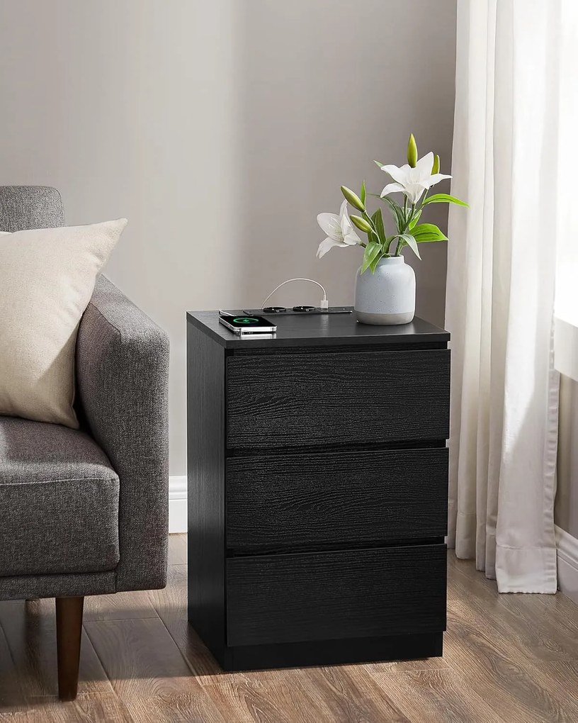 VASAGLE Éjjeliszekrény 2 darabos szett, 2 hálózati aljzattal és 2 USB-porttal, fekete színben