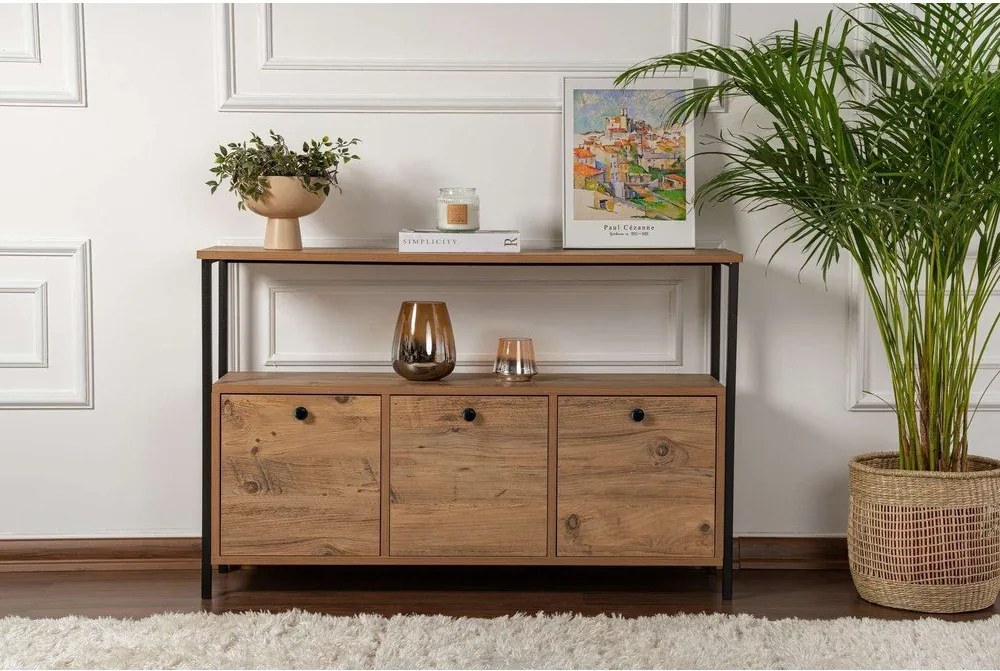 Natúr színű konzolasztal borovi fenyő dekorral 29,5x120 cm Solace – Kalune Design