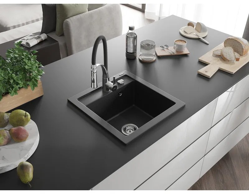 Mexen Vito, 1 kamrás gránit mosogató 490x520x210 mm és Aster mosogató csaptelep, fekete-ezüst metál, 6503-73-73450-07