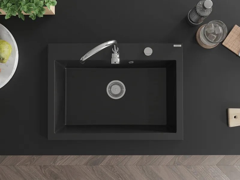 Mexen Elix 1-medencés gránit mosogató 700 x 500 mm, fekete, króm szifon - 6526701005-77