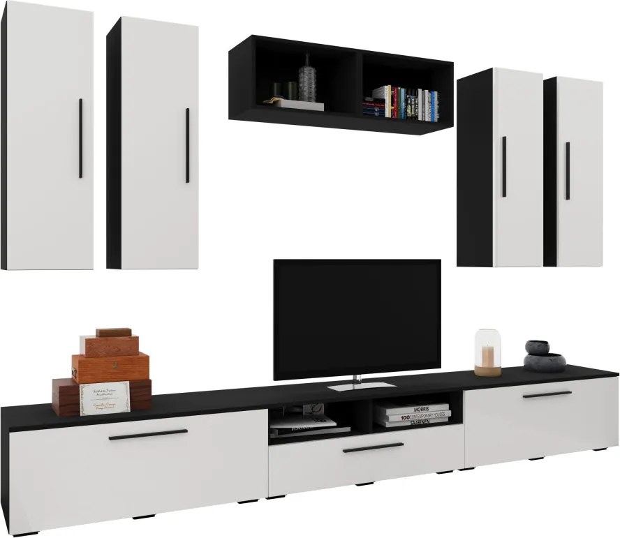 Kos V4 nappali szekrénysor, Fekete / Fényes fehér, MDF, 285 cm