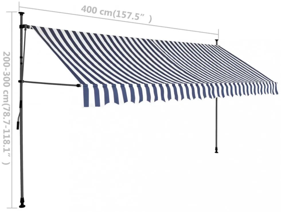 kék és fehér kézzel kihúzható LED-es napellenző 400 cm