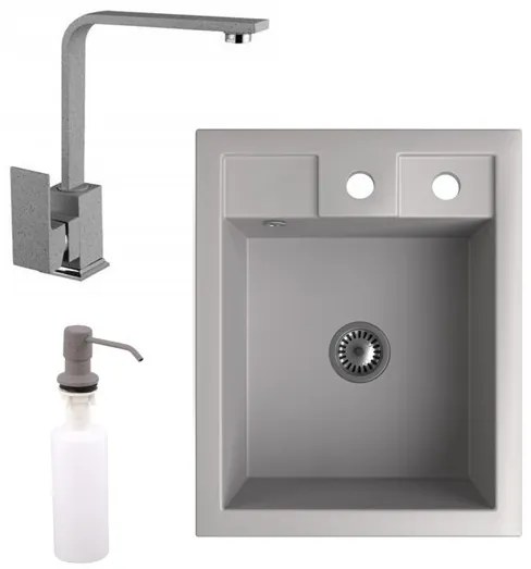 Gránit Mosogató NERO Parma + Design csaptelep + adagoló + szifon (szürke)