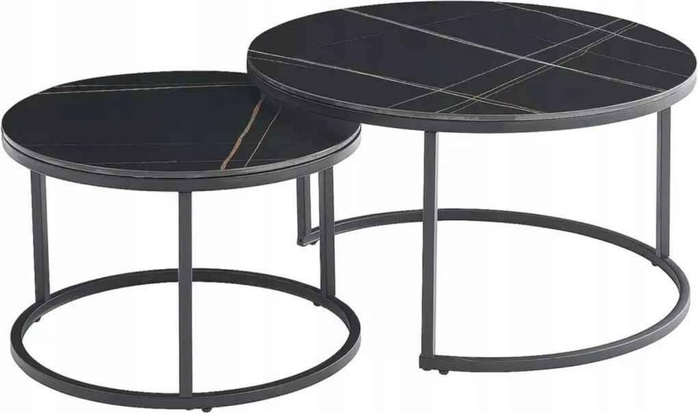 Dohányzóasztal fekete márvány kerek 2 db-os pad szett nappaliba Ferrante D