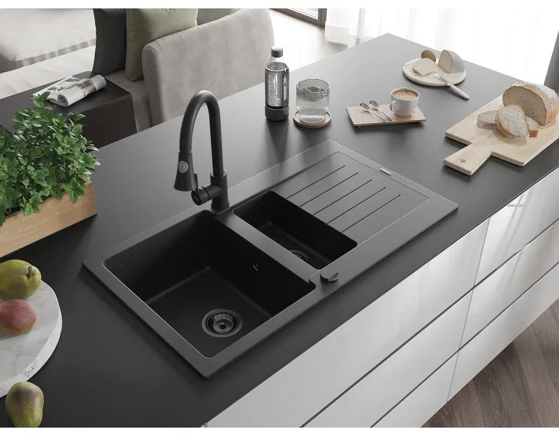 Mexen Matias, 1,5 kamrás gránit mosogató 900x505x200 mm és Elia mosogató csaptelep, fekete-ezüst metál, 6502-73-670101-70-B