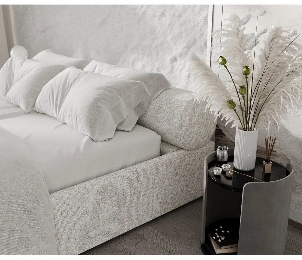 Krémszínű kárpitozott ágyneműtartós franciaágy ágyráccsal 200x200 cm Solvo – Maison de Rêve