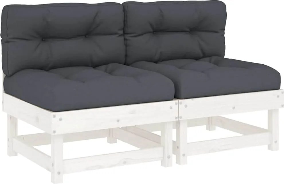 vidaXL 2 db fehér tömör fenyőfa középső kanapé párnákkal