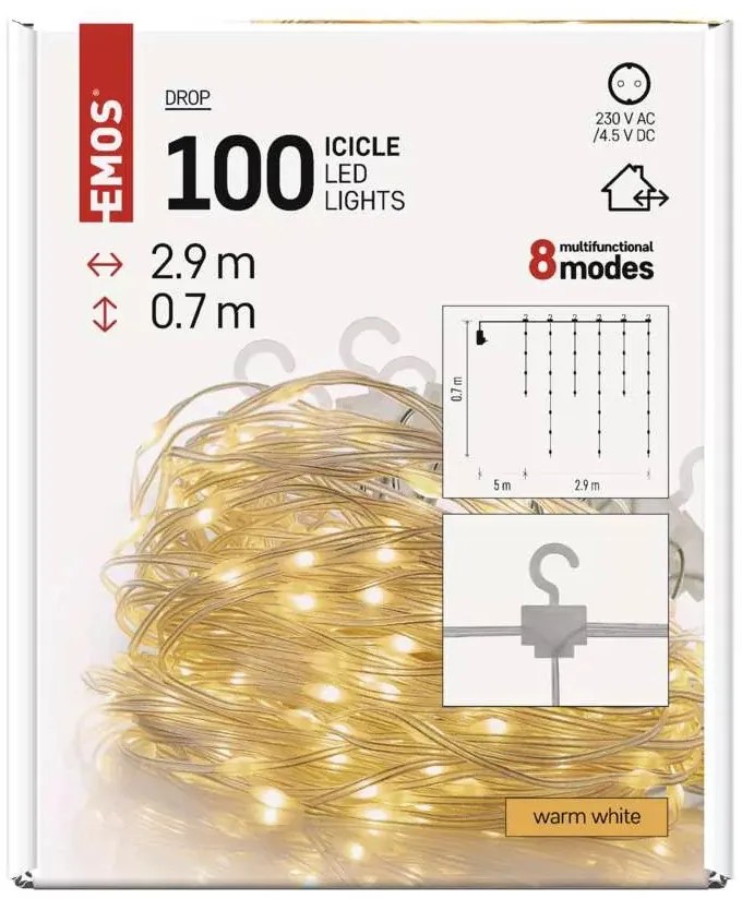 LED karácsonyi drop fényfüzér – jégcsapok, 2,9 m, kültéri és beltéri, meleg fehér, progr.