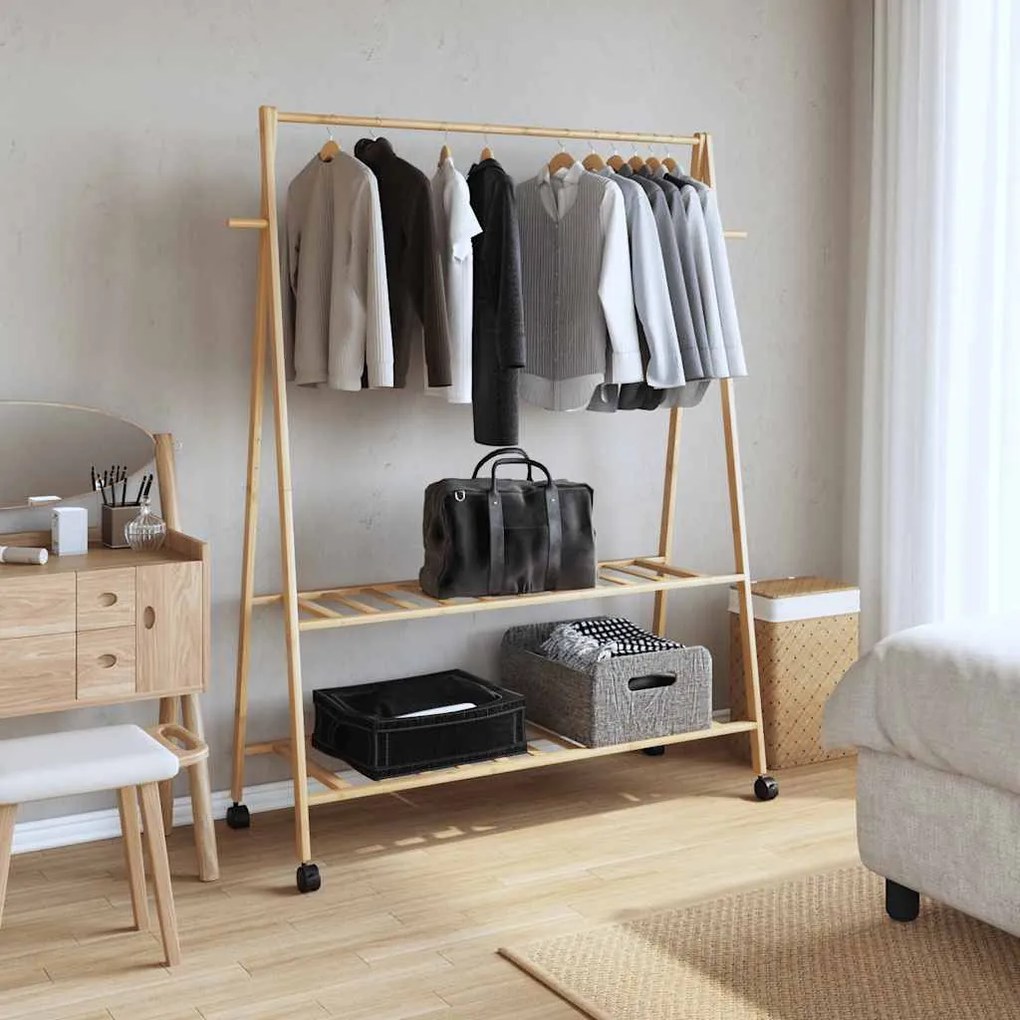 bambusz ruhaállvány polcokkal és kerekekkel 132x45,5x155,5 cm