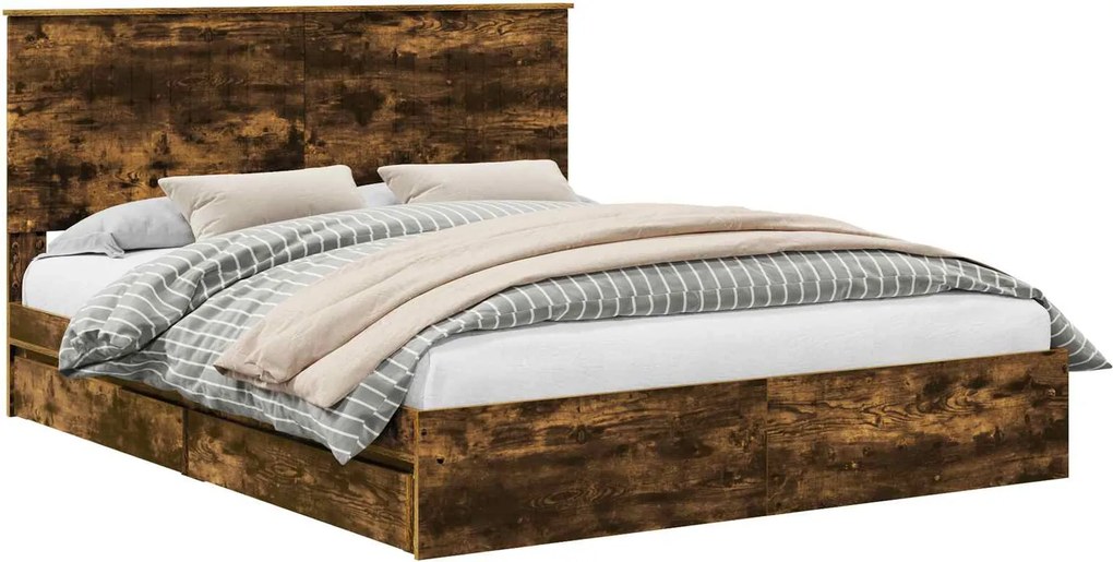 vidaXL Tárolós Ágy fejtámlával Füstölt tölgy 160 x 200 cm Faanyag