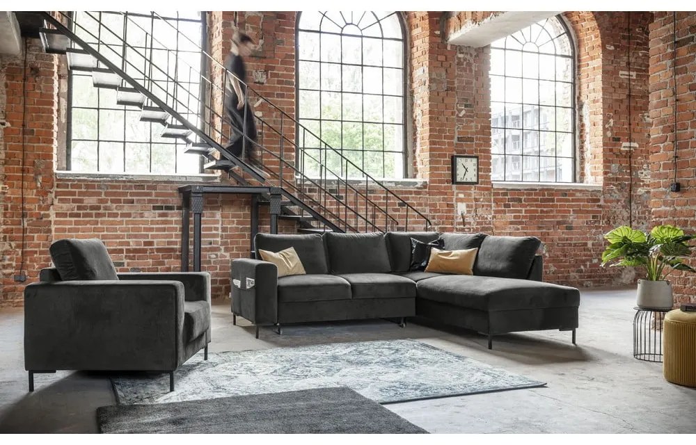 Sötétszürke bársony kinyitható sarokkanapé (jobb oldali) Lofty Lilly – Miuform