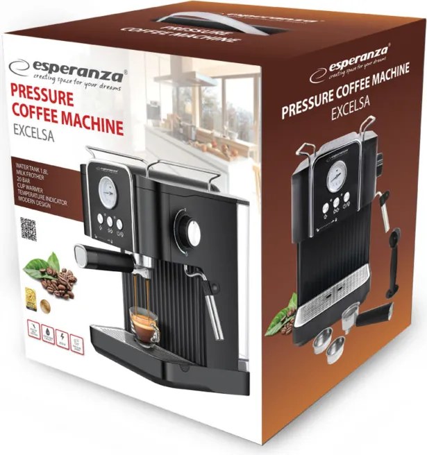Esperanza Excelsa, 850 W, 1.8 L, Beépített tejhabosító, Espresso kávéfőző
