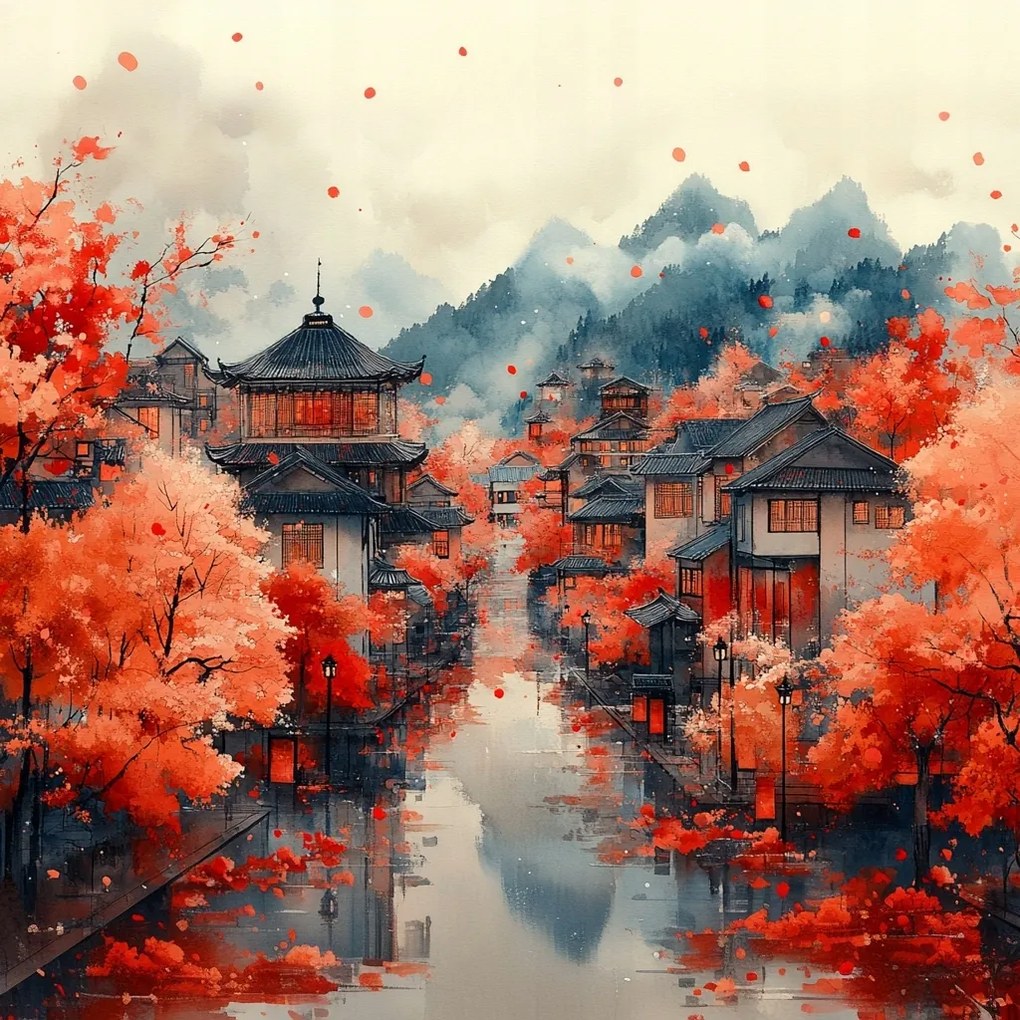 Vászonkép Canvas Tájkép Város Házak Ázsia Ősz Kína Hegyek 80x80