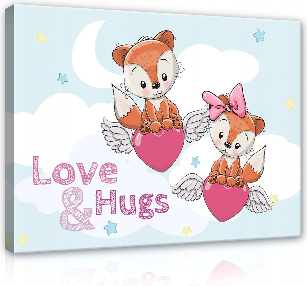 Vászonkép 100x75 Szívek szárnyakkal és kis rókákkal
