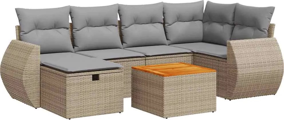 vidaXL 7 részes bézs polyrattan kerti ülőgarnitúra párnákkal