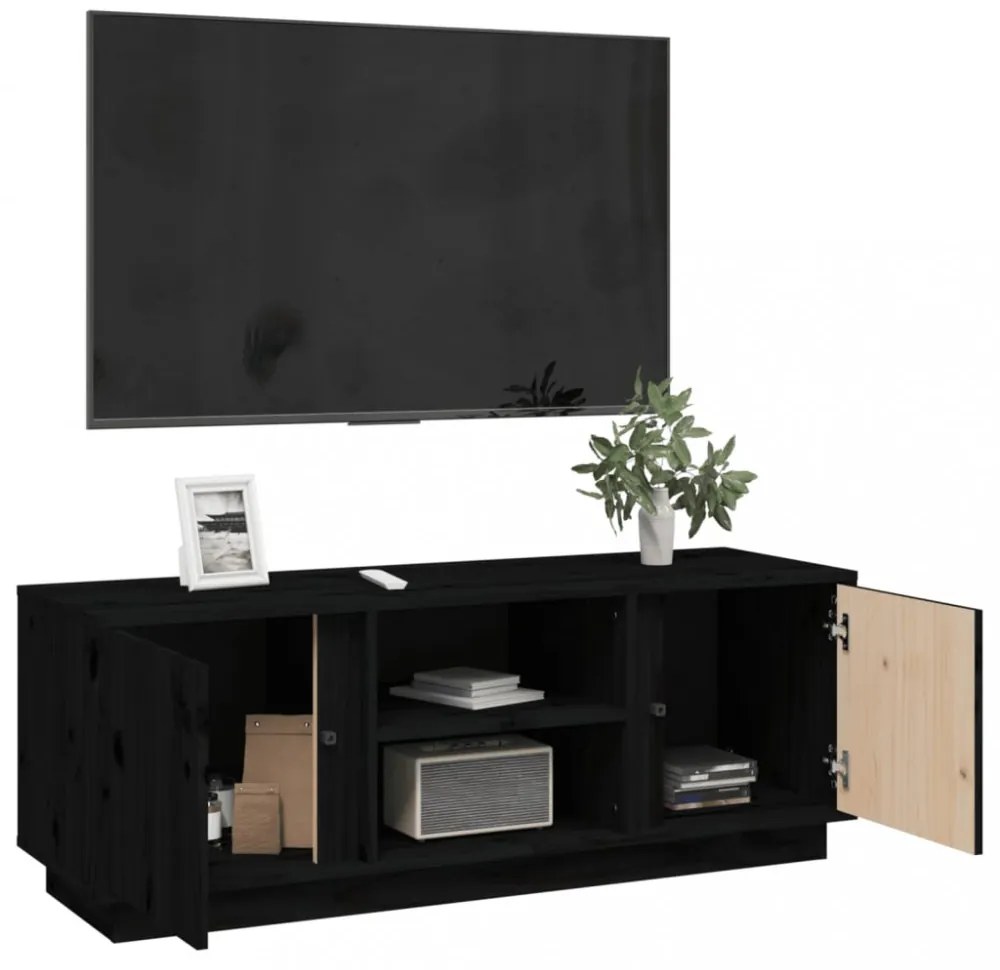 fekete tömör fenyőfa TV-szekrény 110x35x40,5 cm