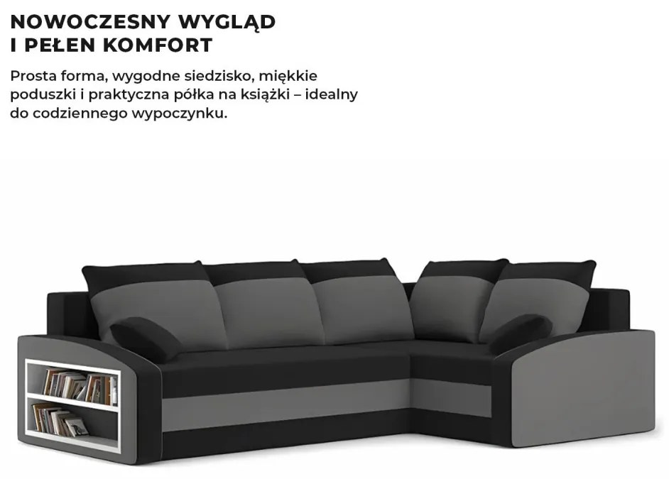 Grande sarokkanapé polcokkal , polc a bal karfaban, jobboldali, szövet anyag, hab töltet, fekete - szürke