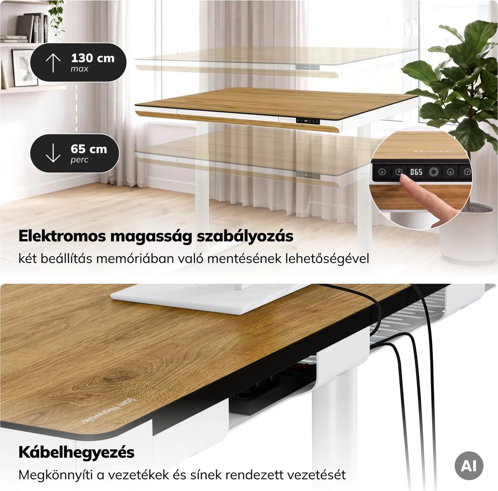 Elektromos ülő-álló íróasztal fiókkal és Qi vezeték nélküli töltővel fehér/aranytölgy, 1200 mm: ELLIS