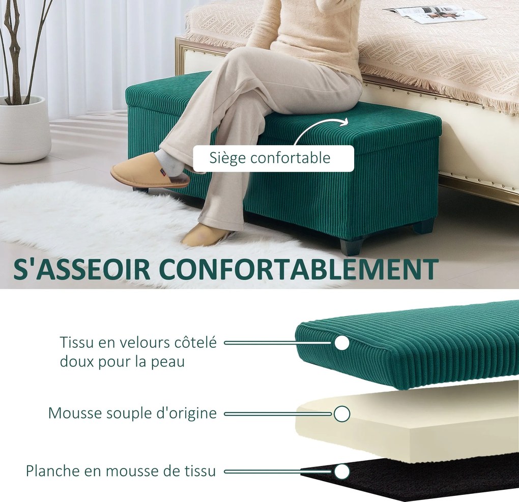 HOMCOM 84L Puff, Bársonyos Bordás Textil, Ágytalpához Illő Tároló Láda, Lábpárna Fedéllel, Nappaliba, Hálószobába, Előszobába, 112 x 42 x 40 cm, Zöld