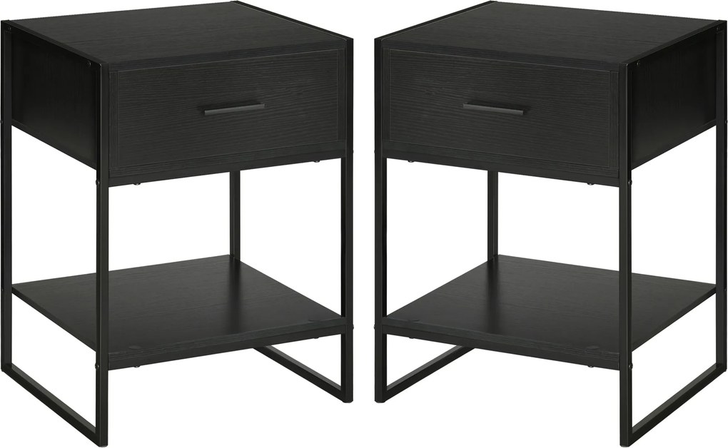 HOMCOM 2 db Modern Éjjeliszekrény, Hálószoba és Nappali Éjjeliszekrények, Fiókkal és Nyitott Polccal, Modern Dizájn, MDF és Acél, 45x40x60cm, Fekete |