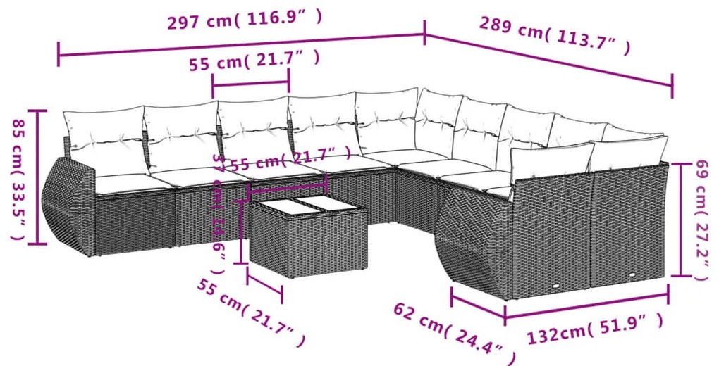 11 részes fekete polyrattan kerti ülőgarnitúra párnákkal