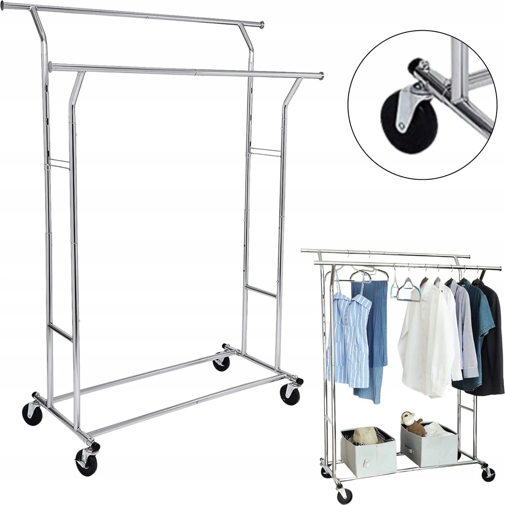 Ruhaakasztó Állvány Álló Fém Polc Nagy Dupla Ezüst Loft