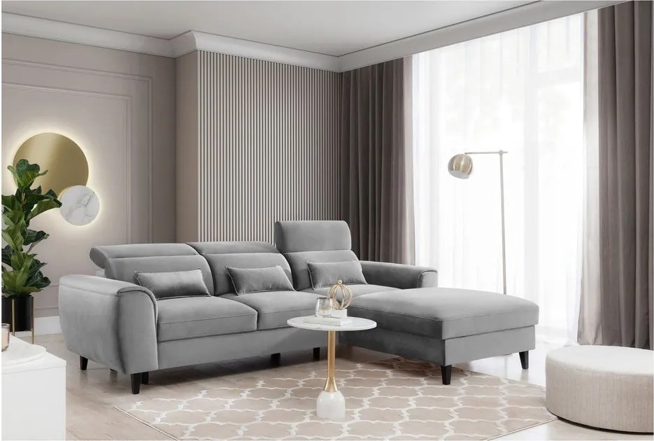 Szürke bársony kinyitható-tárolóhelyes sarokkanapé (jobb oldali-heverő résszel) Foble – ELTAP