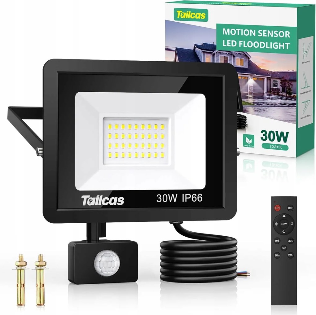 Mozgásérzékelős Reflektor Tailcas 30W Led IP66 2700LM Hideg Fehér 6500K