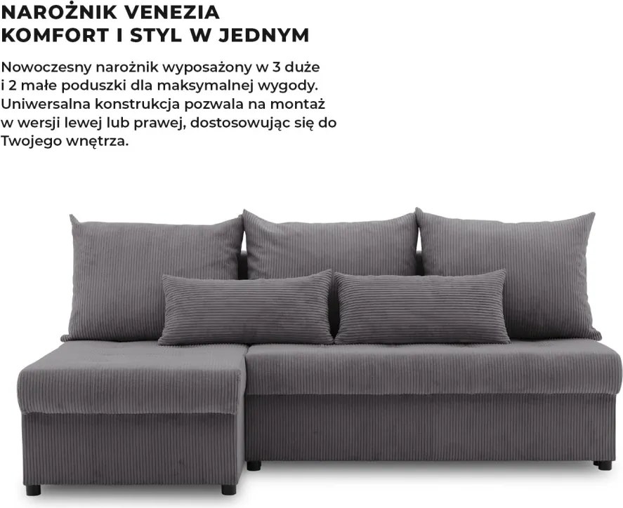 Venezia sarokkanapé, kordbársony, univerzális oldal, hab töltet, szürke