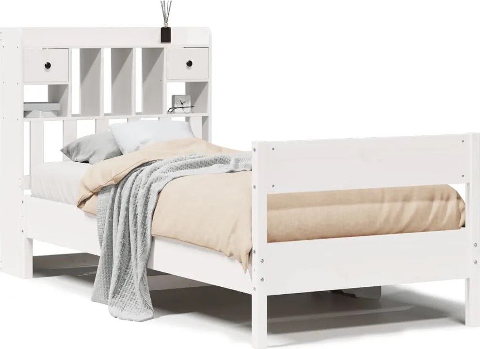 vidaXL fehér tömör fenyőfa könyvespolcos ágy matrac nélkül 90 x 200 cm