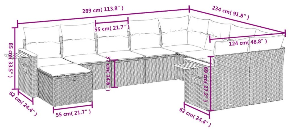 10 részes szürke polyrattan kerti ülőgarnitúra párnákkal