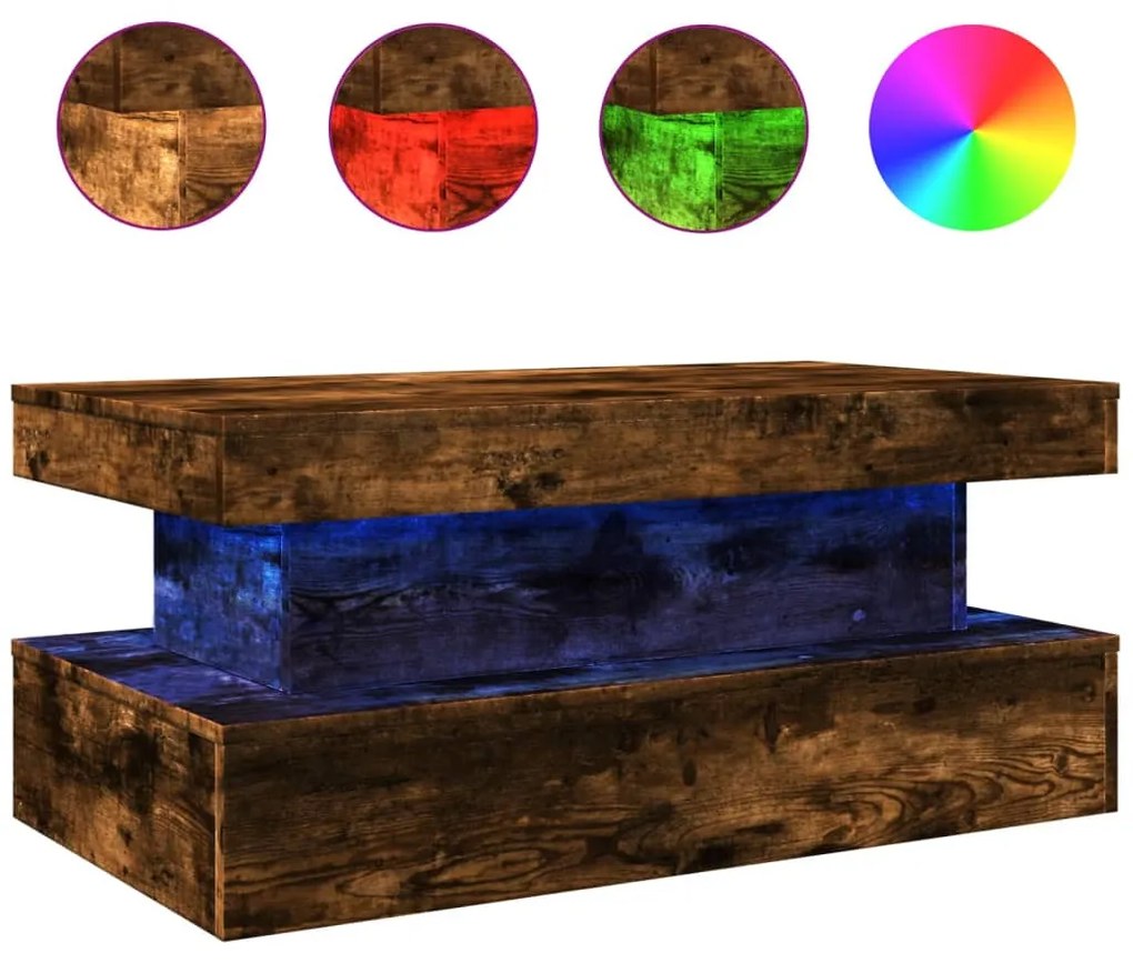 Füstös tölgy színű dohányzóasztal LED-lámpákkal 90x50x40 cm
