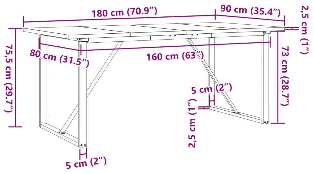 tömör fenyőfa és öntöttvas étkezőasztal O-vázzal 180x90x75,5 cm