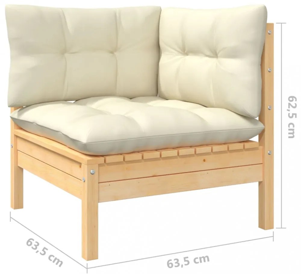 7 részes fenyőfa kerti ülőgarnitúra krémszínű párnákkal