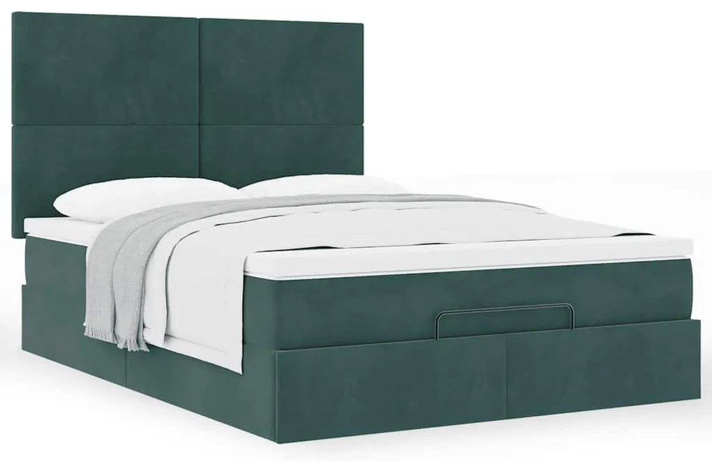 Ottomán ágykeret matracokkal sötétzöld 140x190cm bársony