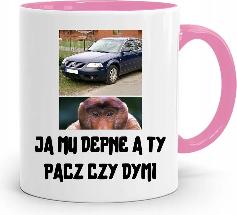 Rózsaszín Bögre Hordozó Janusz Én Mu Taposok És Te Pacs nyomott mintával