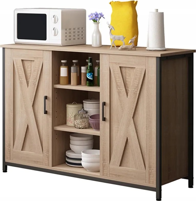 Tálalószekrény Oldalsó Szekrény Nyitott Polcokkal Komód Sonoma Konyha Nappali Loft