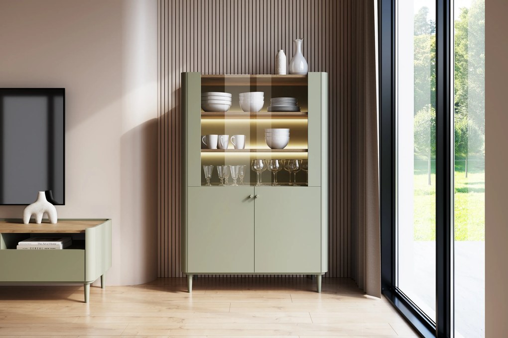 Elivo vitrines szekrény 100 cm kétajtós lábakon - eukaliptusz / baltic dune tölgy