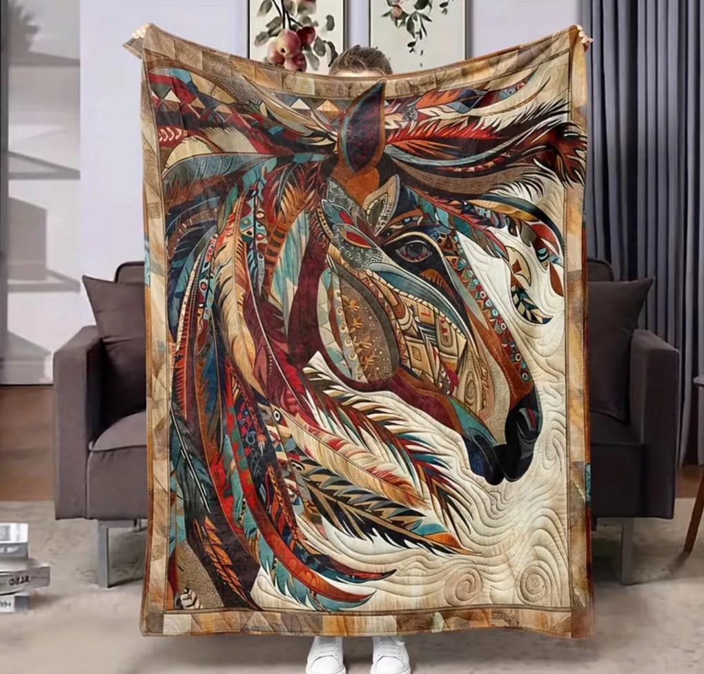 Színes takaró Ló Lovak növények Boho Art puha meleg ajándék 150x200 cm