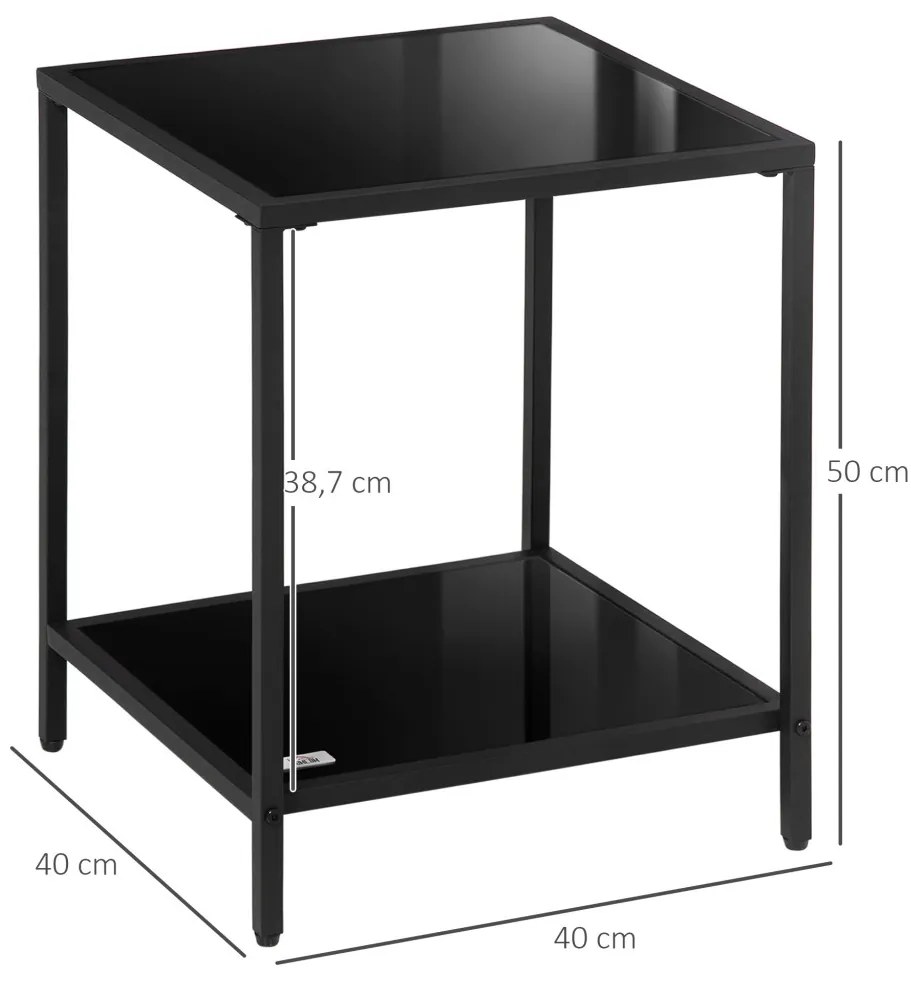 Lerakó asztal, 2 szintes, edzett üveg lappal, fekete, 40 x 40 x 50 cm