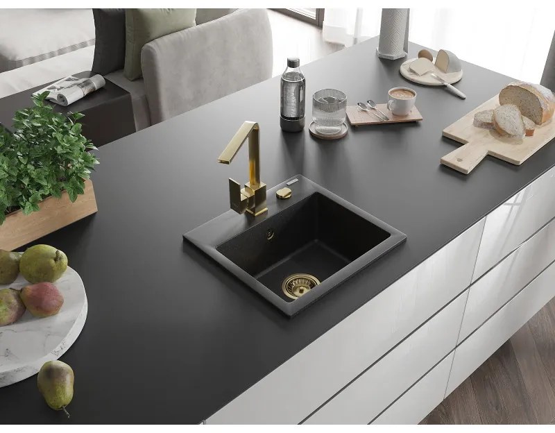 Mexen Milo, 1 kamrás gránit mosogató 435x410x171 mm és Rita arany csaptelep, fekete-ezüst metál, 6505-73-670300-50