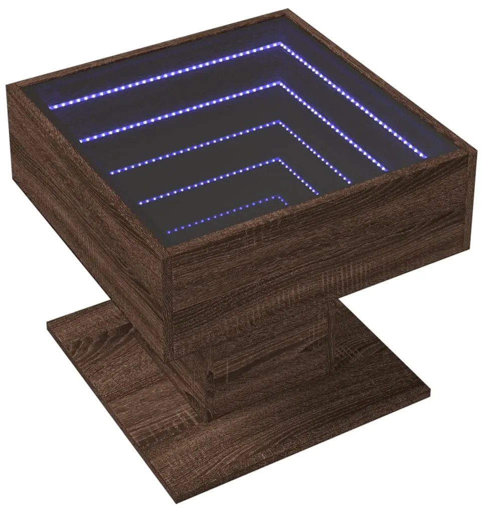 Barna tölgy szerelt fa dohányzóasztal LED-del 50 x 50 x 45 cm