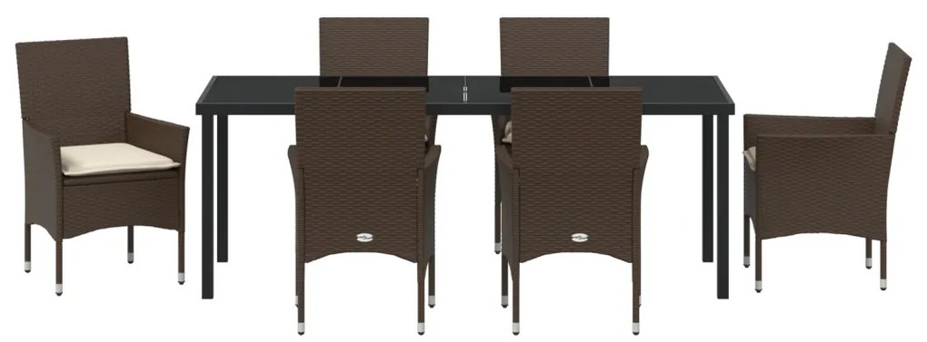7 Darabos Kerti Étkezőkészlet Párnákkal Barna Poli Rattan, Kerti Asztal Fekete 200x80x73 cm Edzett Üveg