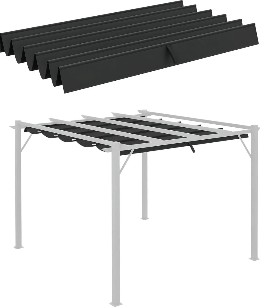 Outsunny 3 x 3 m Pergola Csere Napernyő, Vízhatlan Behúzható Hullámos Tető Esőelvezető Lyukakkal, Télálló Árnyékoló Kerthez és Teraszra, Sötétszürke |