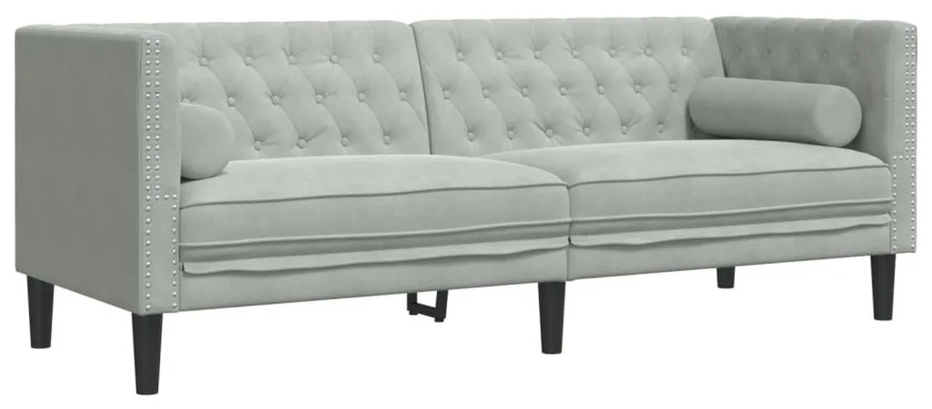 3 részes világosszürke bársony párnás Chesterfield kanapé szett