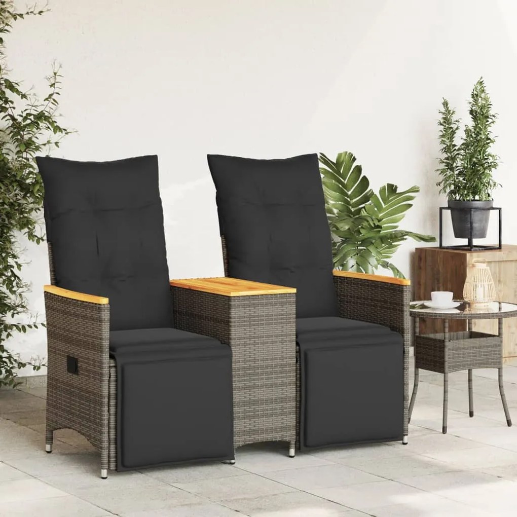 2 személyes szürke polyrattan dönthető kerti kanapé asztallal