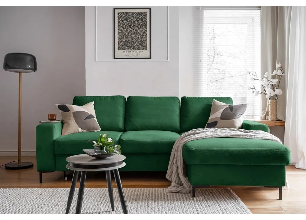 Sötétzöld kordbársony kinyitható sarokkanapé (jobb oldali) Lofty Lilly – Miuform
