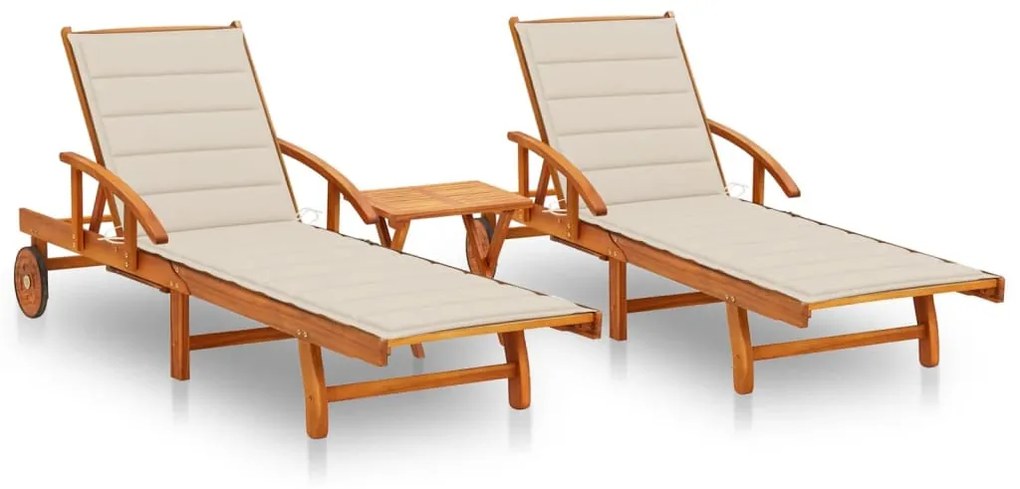 2 db tömör akácfa napozóágy asztallal és párnákkal